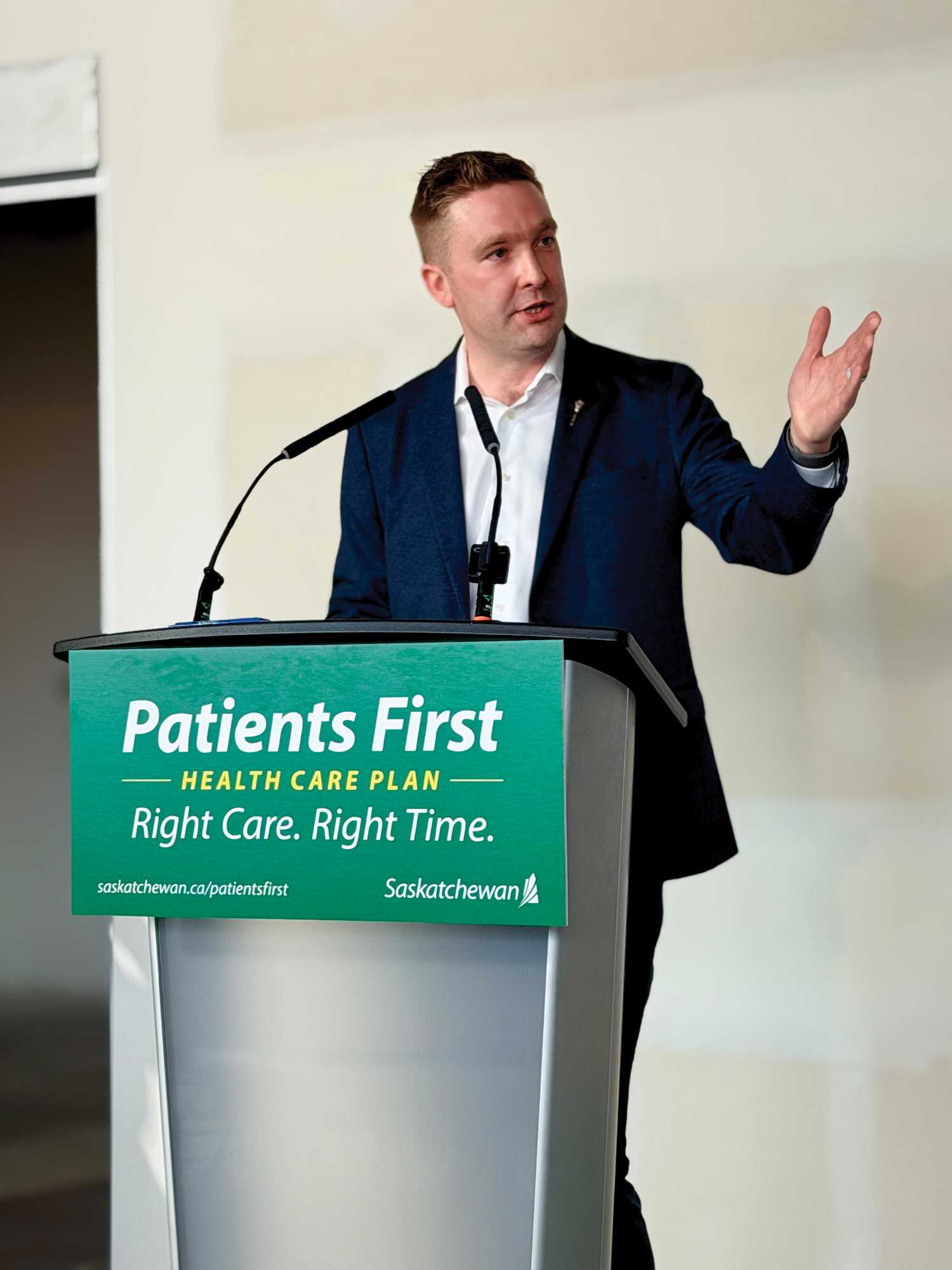 Saskatchewan Health Minister Jeremy Cockrill at the announcement of the Patients First Health Care Plan in Saskatoon on Monday.